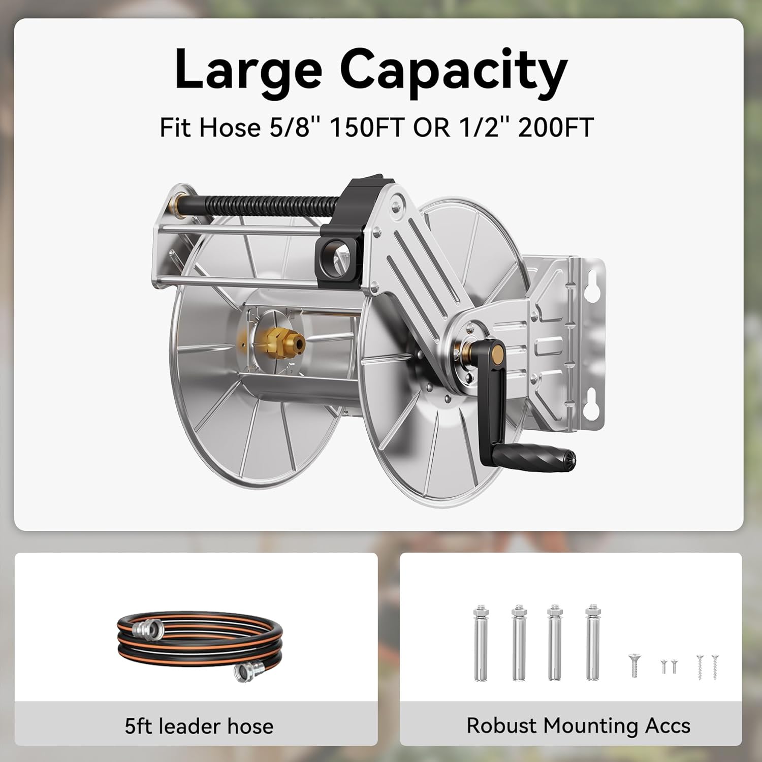 Giraffe Tools Stainless Steel Garden Hose Reel Heavy Duty, Wall/Floor Mounted Stainless Water Hose Reel Retractable with Crank, 150-Feet 5/8" Hose Capacity - Image 2