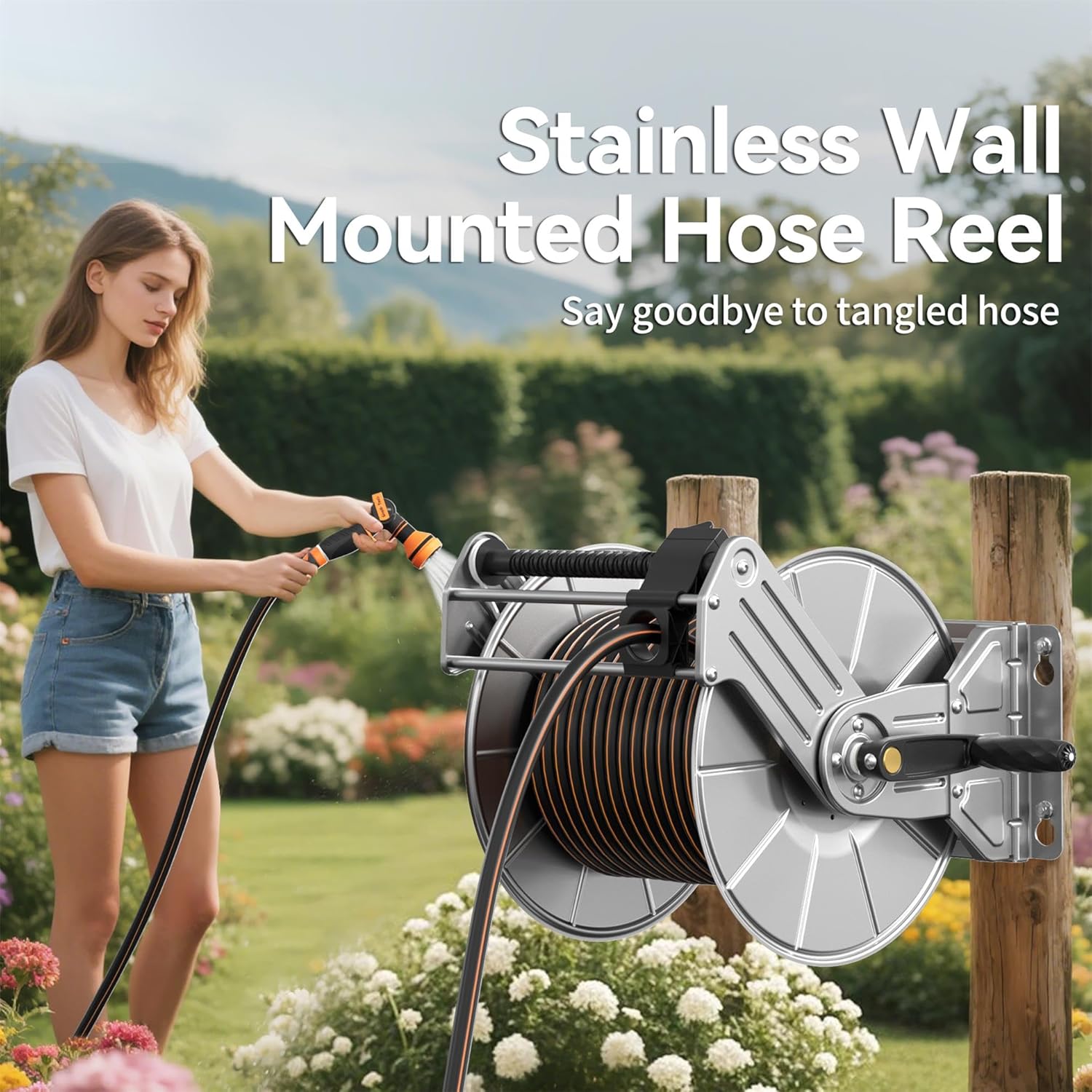 Giraffe Tools Stainless Steel Garden Hose Reel Heavy Duty, Wall/Floor Mounted Stainless Water Hose Reel Retractable with Crank, 150-Feet 5/8" Hose Capacity - Image 3
