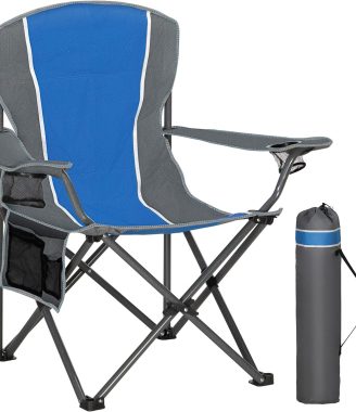 HIGH POINT SPORTS Portable Camping Chair, Heavy Duty Outdoor Folding Chair with Armrest, Foldable Camp Chair with Cup Holder, Portable Lawn Chair for Adults Support 350 LBS, Blue-Gray